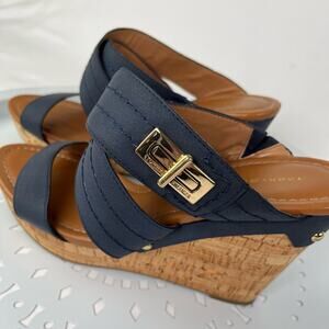 LAUREN | Tommy Hilfiger Size 9.5 Medium Width Navy Blue Wrap Strap Cork Wedges